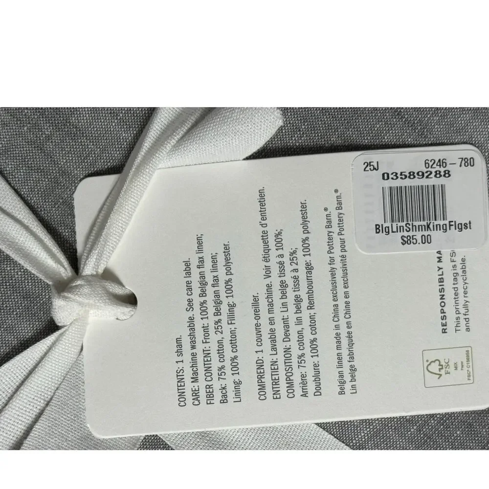 Pottery Barn Belgian Flax Linen King Pillow Sham Flagstone Gray Tufted 20x36 NEW
